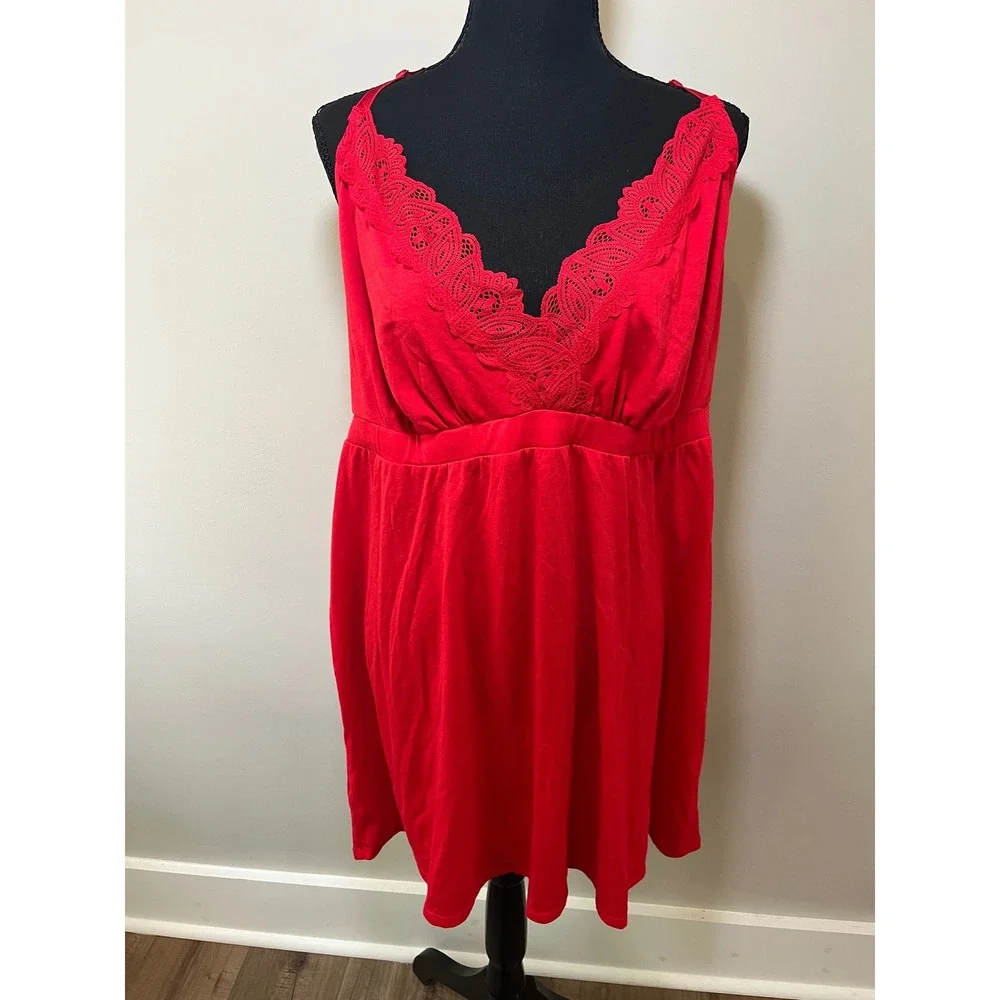 Cacique Sleep Red Lace Trim Chemise Nightgown Plus Size 18/20 Racerback Lingerie